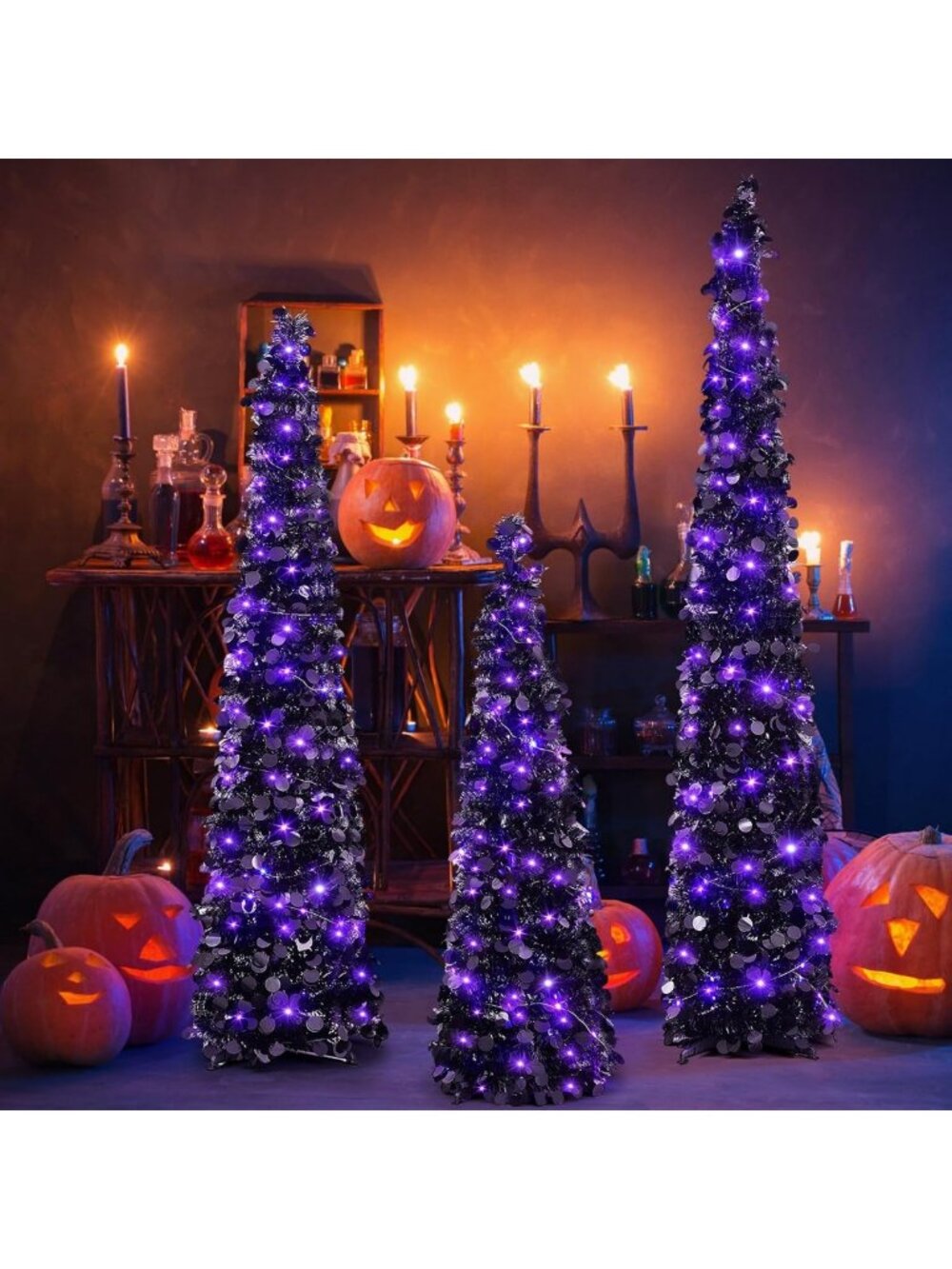 3 Pcs Black Tinsel Halloween Tree Set with Purple Lights - 4/5/6 Ft Decor